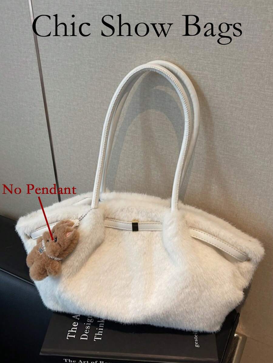 女款單肩托特包，純色人造毛皮拼接皮革飾邊，大容量，可愛甜美風，秋冬日常使用（無吊飾）