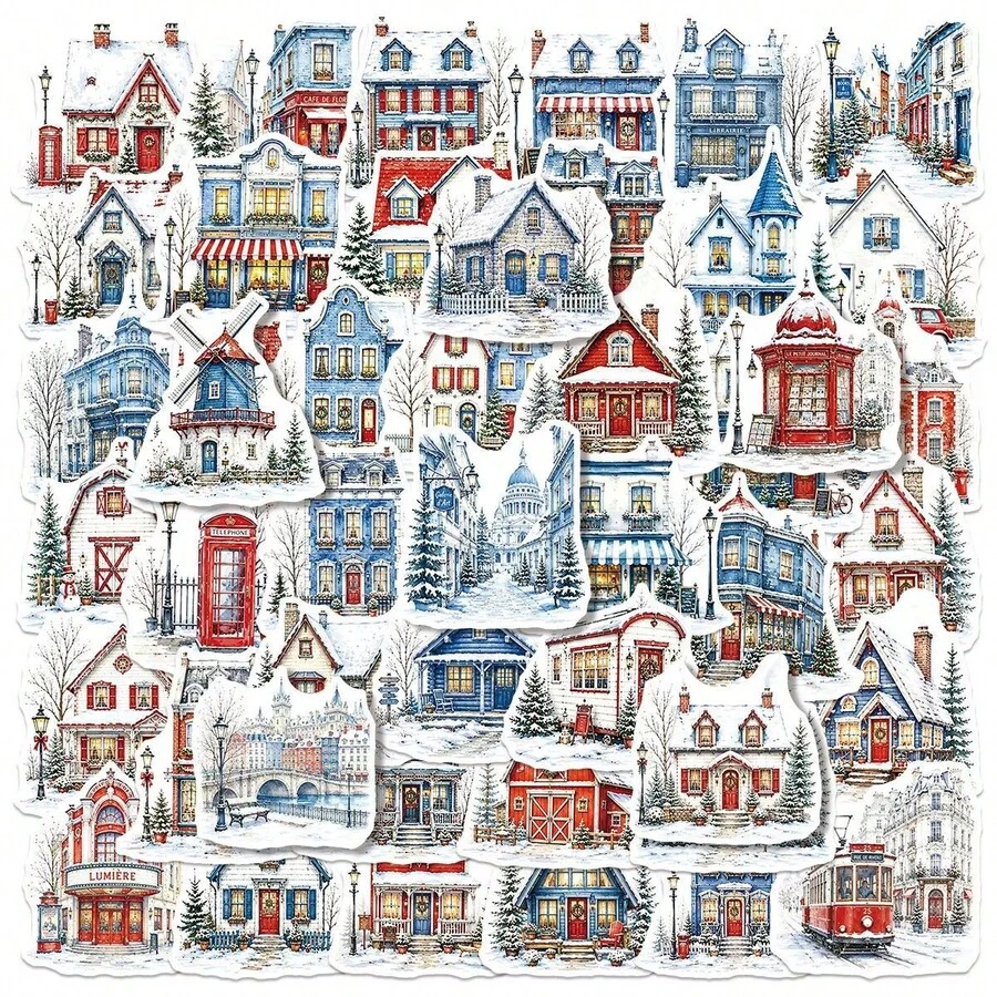 50pcs Winter Cabin Doodle Stickers Waterproof, Suitable For Kindle, Laptop, Phone, Water Bottle, Etc., Gift For Book Lovers - Sticker - View 1