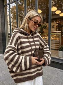 Women's Vintage Colorblock Striped Long Sleeve Loose Hooded Drawstring Knit Pullover, Autumn/Winter All-Match Everyday Outfit, Soft Comfortable Versatile Knit Top - Multicolor - View 5