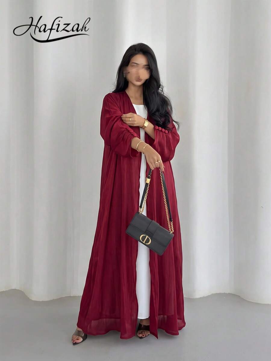 女款保守長版 Abaya 開襟長洋裝，亮線裝飾，紅色秋季款