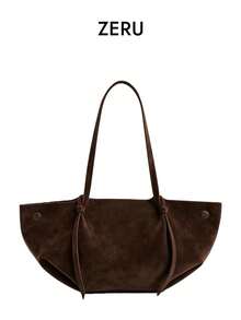 Vintage Suede Large Capacity Tote Bag, Minimalist Bow Decor Shoulder Bag, Commute Daily Casual Underarm Bag - Coffee - View 1