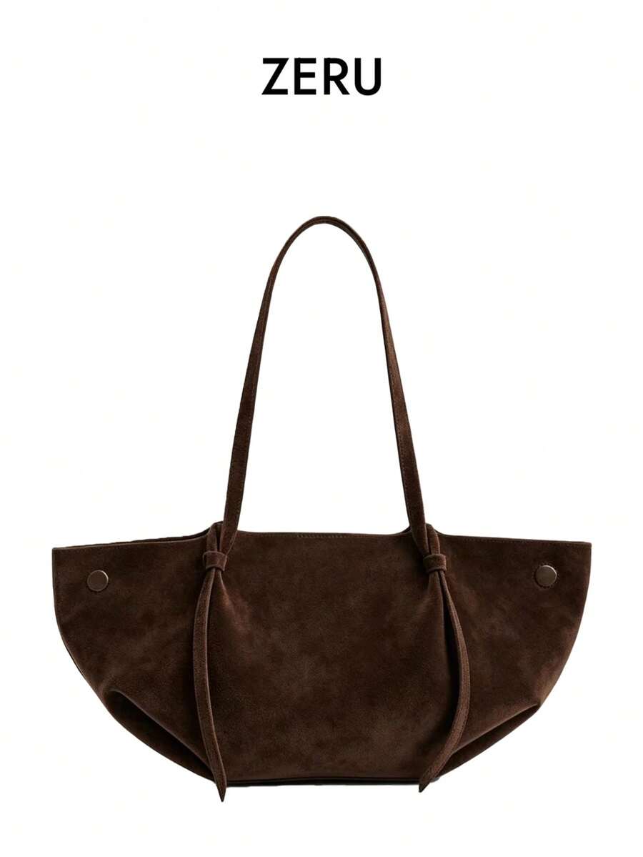 Vintage Suede Large Capacity Tote Bag, Minimalist Bow Decor Shoulder Bag, Commute Daily Casual Underarm Bag - Coffee - View 1