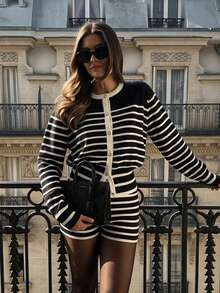 Fall/Winter Elegant Striped Cardigan, Going Out To Business, Waist-Cinching Knit Cardigan Top - Black and White - View 5