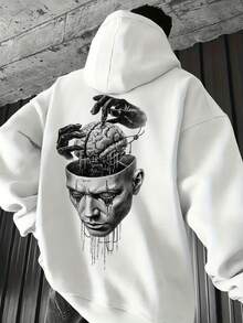 Men's Casual Fashionable Versatile Limitless Slogan Print Kangaroo Pocket Drawstring Hoodie, Autumn/Winter - White - View 1