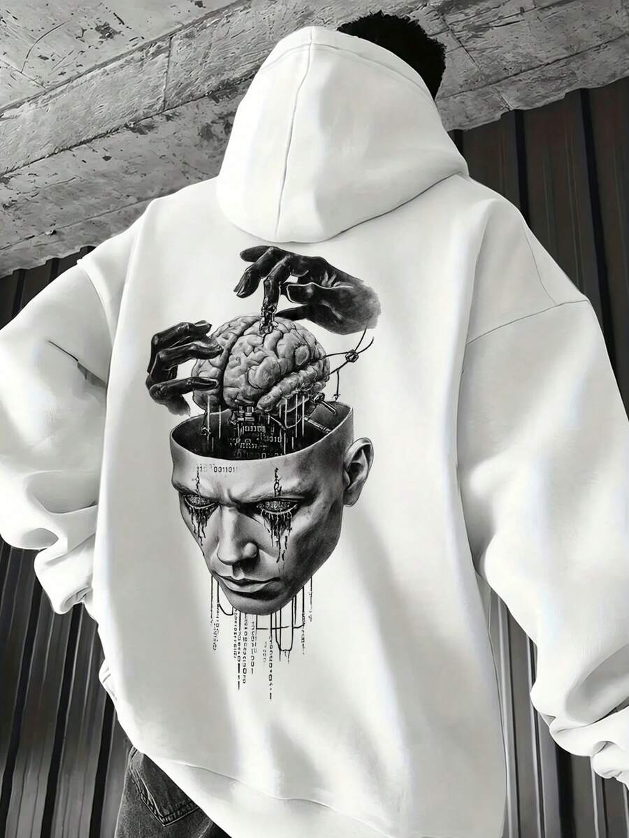 Men's Casual Fashionable Versatile Limitless Slogan Print Kangaroo Pocket Drawstring Hoodie, Autumn/Winter - White - View 1