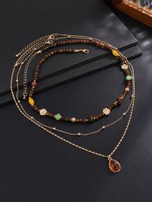 3pcs Bohemian Style Stone Beaded Necklace, Water Drop Shaped Gemstone Pendant Necklace Set, Exquisite Unique Jewelry, Gift For Men - Yellow Gold - View 3