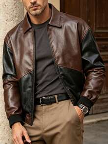 Men's Spring/Autumn Fashion Casual Daily Wear Fitted Lapel PU Leather Jacket - Brown - View 2