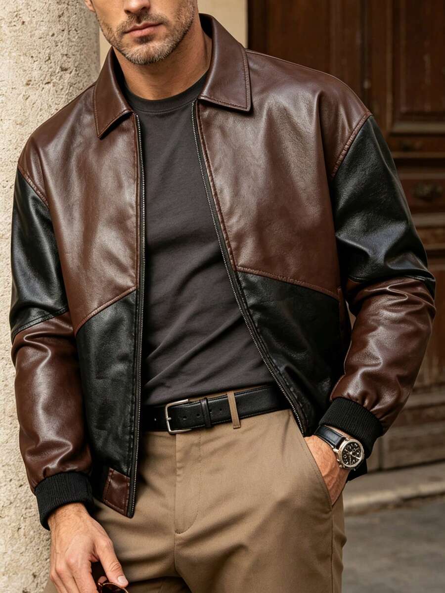 Men's Spring/Autumn Fashion Casual Daily Wear Fitted Lapel PU Leather Jacket - Brown - View 1
