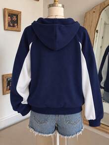 Autumn/Winter Girls' Fashion Casual Colorblock Letter Print Zip-Up Hooded Jacket, Suitable For Daily Casual Wear - Multicolor - View 2
