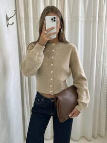 Mori 秋冬女款 Y2K 時尚毛絨針織開襟衫，鈕扣圓領短版上衣，街頭風 - 深杏 - 查看 4