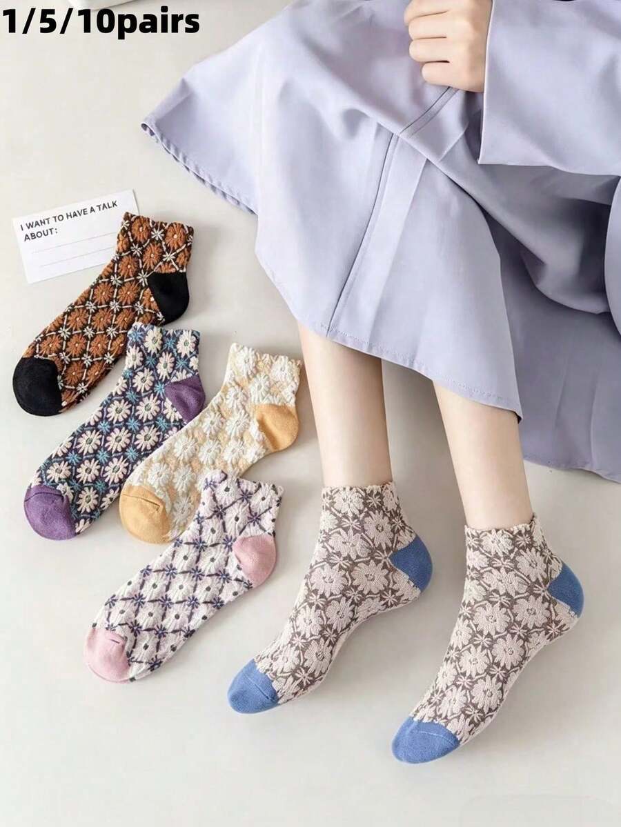 1/5/10 Pairs Vintage 3D Pattern Mid-Calf Socks For Women, Versatile For ...