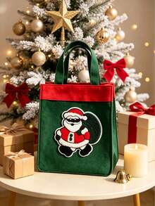 1pc Red & Green Christmas Patchwork Tote Bag, Vintage Style Rectangular Handbag, Suitable For Christmas Holiday Gift Packaging; Also Includes Bathroom Shower Curtain And Phone Holder - Multicolor - View 8