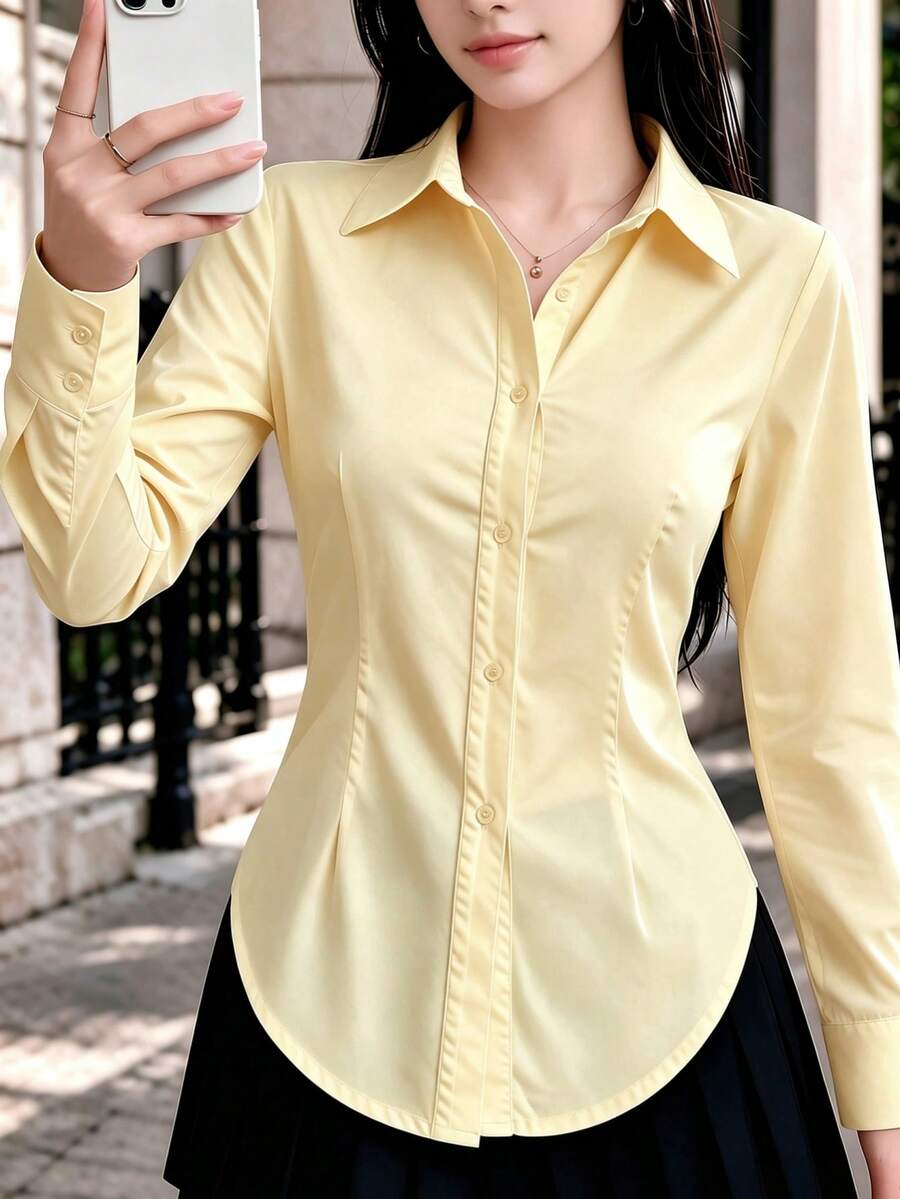 Women's Slim Fit Button Down Shirt Long Sleeve Waist Pleated Collared Blouse Business Casual Curved Hem Work Office Tops - Yellow - View 1