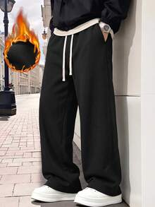 Men's Black Fleece Lined Wide Leg Sweatpants, Loose Drape With Drawstring, Elastic Waistband, Solid Color Street Casual Style Versatile, Autumn/Winter Essential Fashion Sports Long Pants - Black - View 7