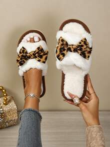 Girl Style Leopard Print Bow Plush Open Toe Fuzzy Slippers For Indoor Home Use - Brown - View 5