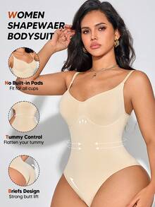Women's Minimalist Solid Color Tummy Control Waist Shaping Bodysuit, Suitable For Layering And Innerwear - Apricot - View 6
