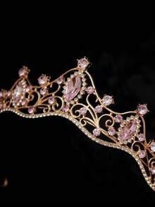 1pc Pink Rhinestone Princess Crown Vintage Crystal Tiara For Women Birthday Prom Wedding Fairycore Hair Accessories - Pink - View 8