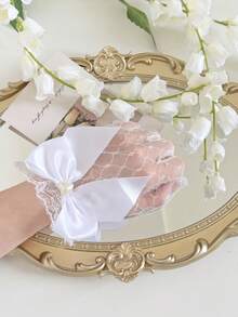 1 Pair Women's Spring/Summer Thin Lolita Bride Cosplay Lace Gloves With Bow, Versatile - White - View 2