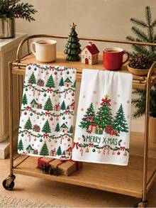 2PCS Kitchen Towels, Christmas Tree Gift Box Pattern Kitchen Towels Dish Cloths, Watercolor Style 40*60cm Rectangular Soft Microfiber Cleaning Kitchen Towels, Perfect For Kitchen, Dining Room And Bathroom Use, Christmas Kitchen Decor, Home Decor, Neighbor Housewarming Gift, Dish Cloths - White - View 6