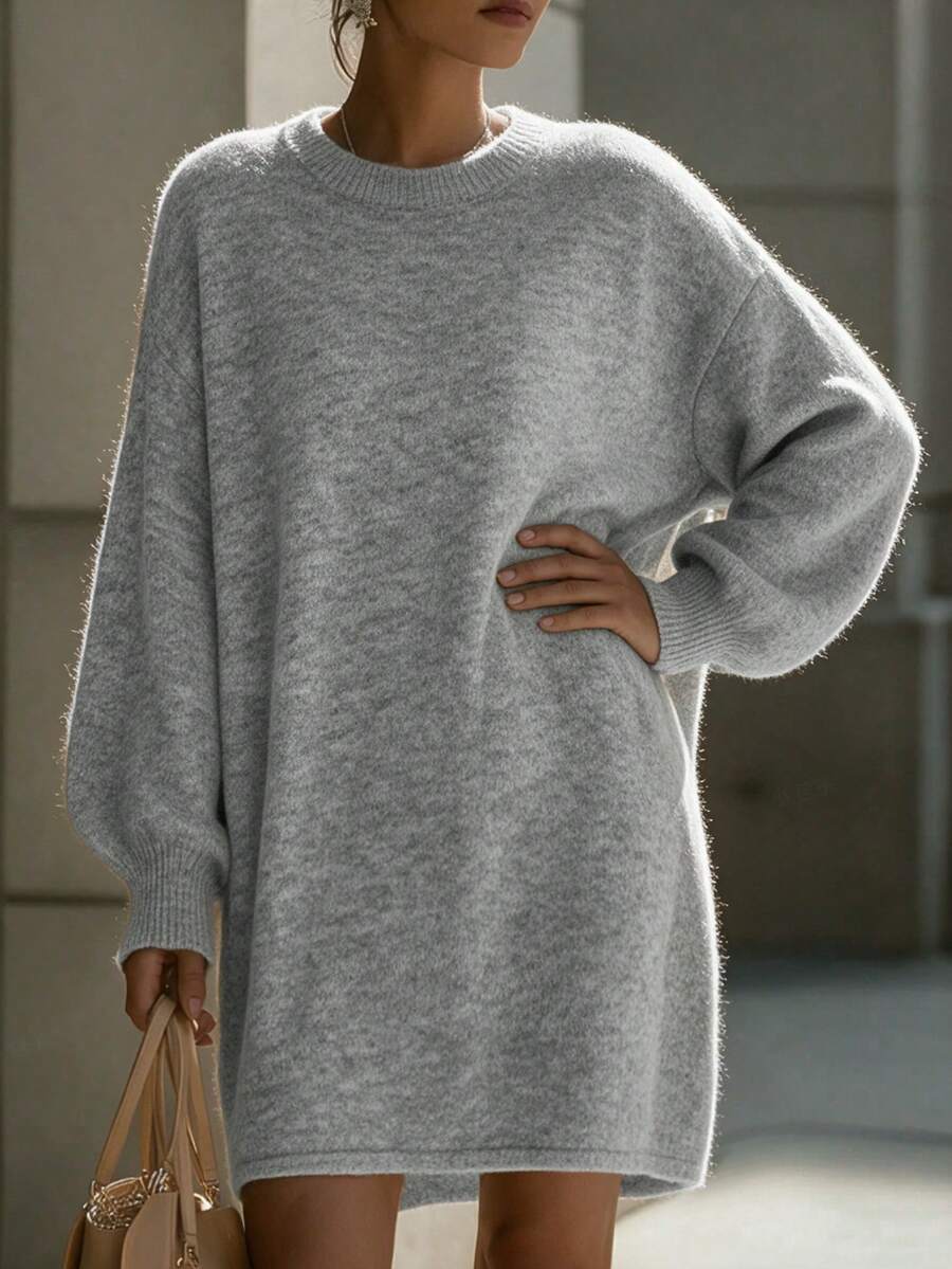 Women's Fall Winter Heather Grey Fuzzy Soft Knit Crew Neck Lantern Sleeve Mini Sweater Dress, Oversized Slouchy Casual Daily Office Commute Wear - Grey - View 1