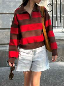 Women's Green Striped Polo Collar V-Neck Pullover Sweater Casual Preppy Knit Top - Red and Brown - View 7