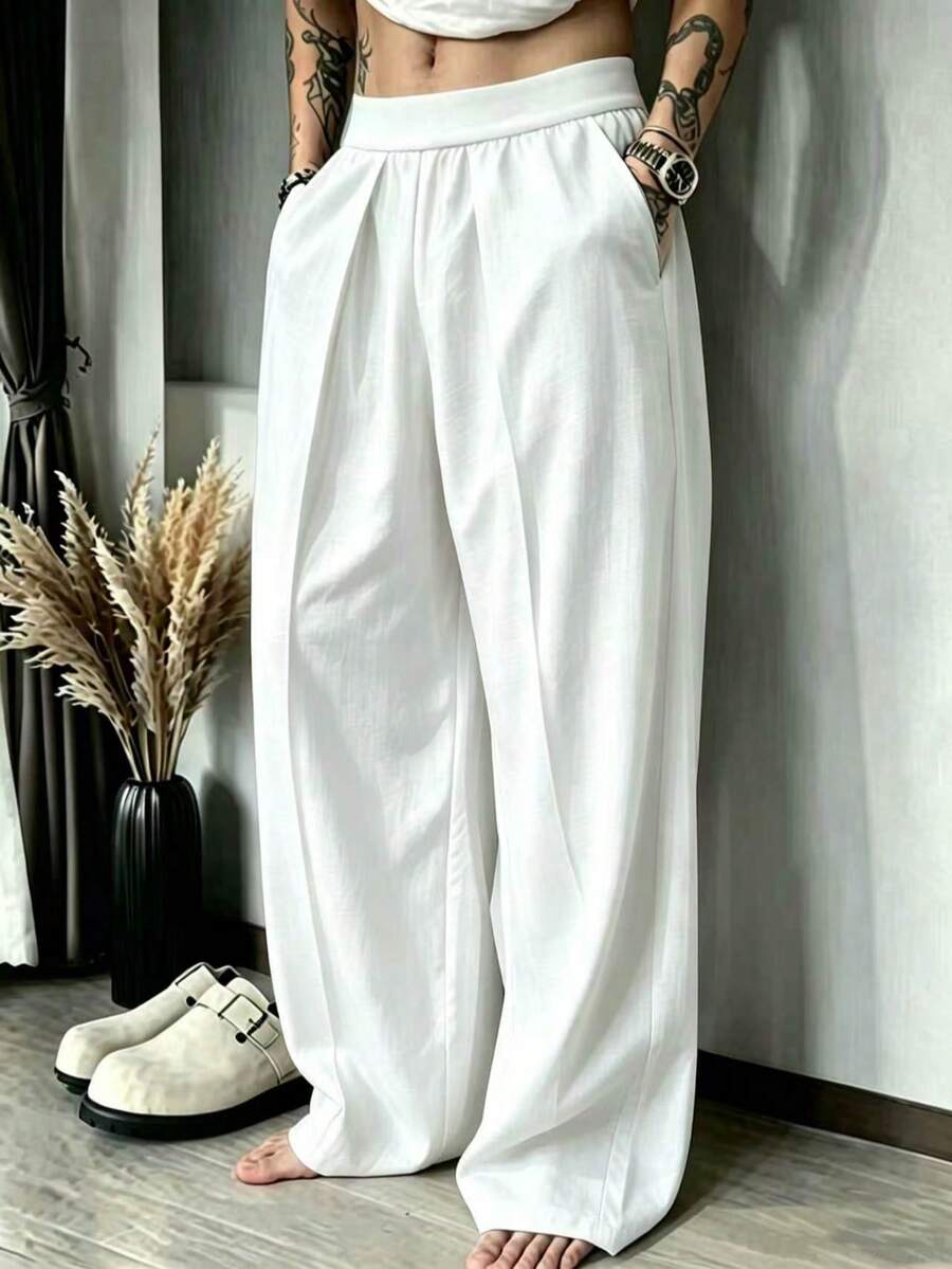 Celana Panjang Pria Model Lebar - Pinggang Elastis, Kasual, Warna Polos - Putih - View 1