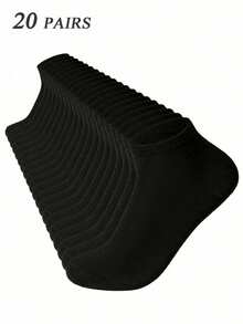 20 Pairs Men's Solid Color Boat Socks, Sweat-Absorbent Breathable Comfortable Invisible Socks, Suitable For Daily Wear, Sports, Business, Unisex, All Seasons, Best Gift Choice For Back To School And Holidays, Available In 1 Pair/10 Pairs/20 Pairs - Black - View 7