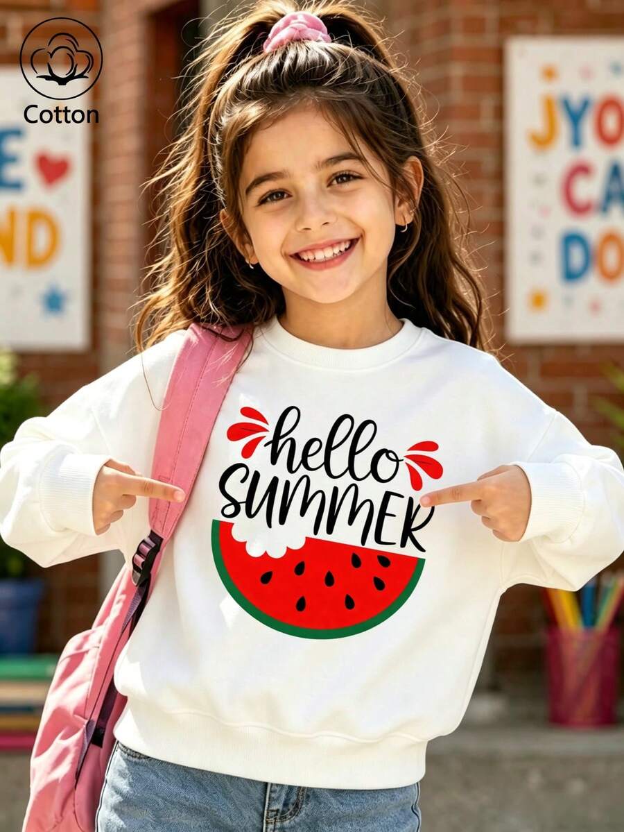 هودي صيفي بشعار "hello summer" وطبعة بطيخ - أبيض - مشاهدة 1