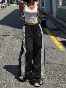 Women's Street Style Patchwork Side Panel Sports Long Pants, Adjustable Drawstring Hem, Autumn/Winter Outdoor Casual - Black - View 2