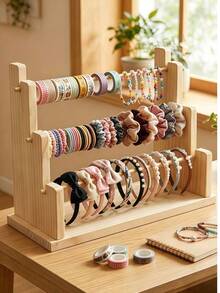 1pc Wooden Desktop Jewelry Holder, Can Hold Bracelets, Bangles, Diary Straps, Keychains And Wristbands. Detachable Design, Perfect For Storing Pendants, Hair Accessories And Keychains. - Natural Wood Color - View 1