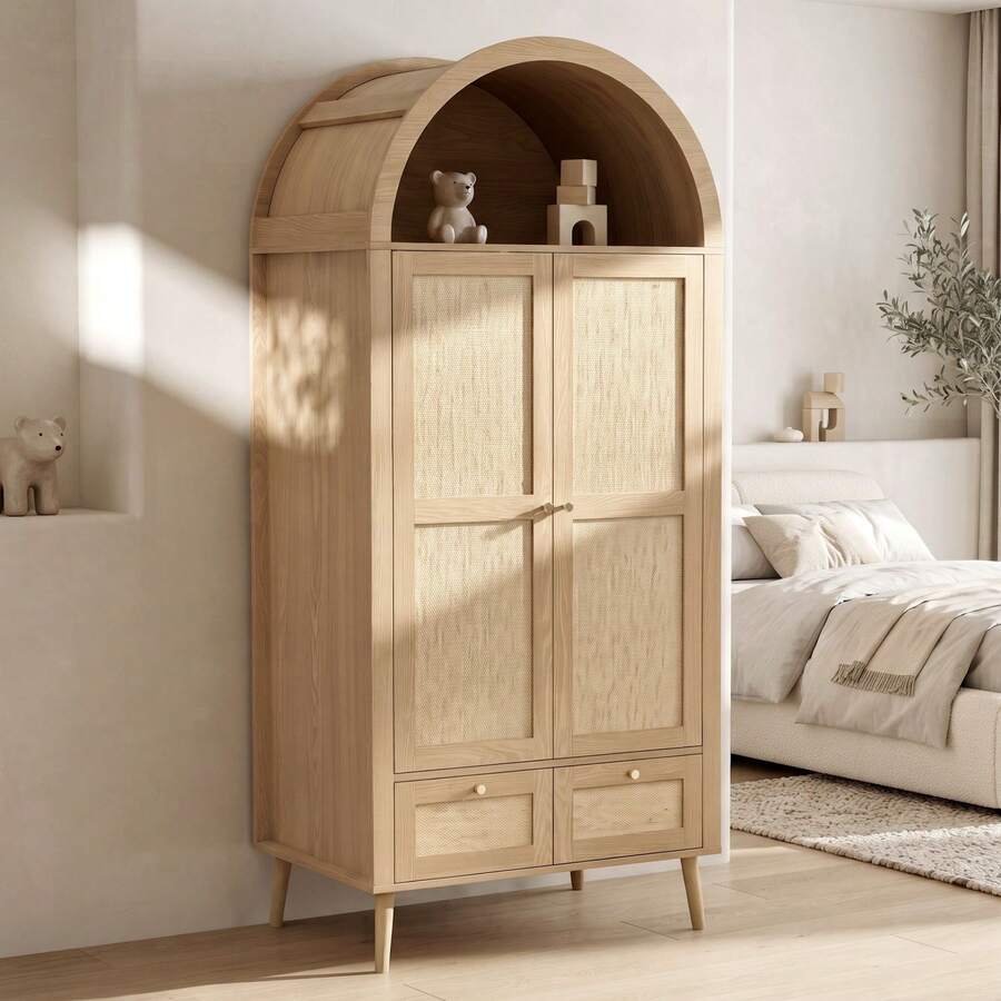 Flieks Arched Wardrobe With 2 Doors & 2 Drawers, 180cm Tall Beige Rattan-Effect Double Wardrobe In Walnut Finish With Hanging Rail & Display Shelf - Natural - View 1