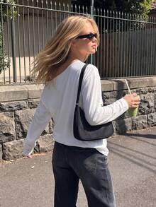 Women's White Cold Shoulder Long Sleeve Top, Solid Color Casual Versatile Daily Wear Loose Fit T-Shirt - White - View 2