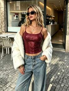 Women's Burgundy Sequin Camisole, Spaghetti Strap Knit Cropped Top, Medium Stretch Shiny Blouse - Burgundy - View 3