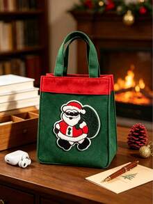 1pc Red & Green Christmas Patchwork Tote Bag, Vintage Style Rectangular Handbag, Suitable For Christmas Holiday Gift Packaging; Also Includes Bathroom Shower Curtain And Phone Holder - Multicolor - View 7
