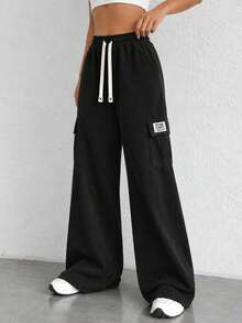 Women's Black Wide Leg Cargo Sweatpants With Elastic Drawstring Waist And Side Pockets, Casual Pants For Everyday Wear - Black - View 10