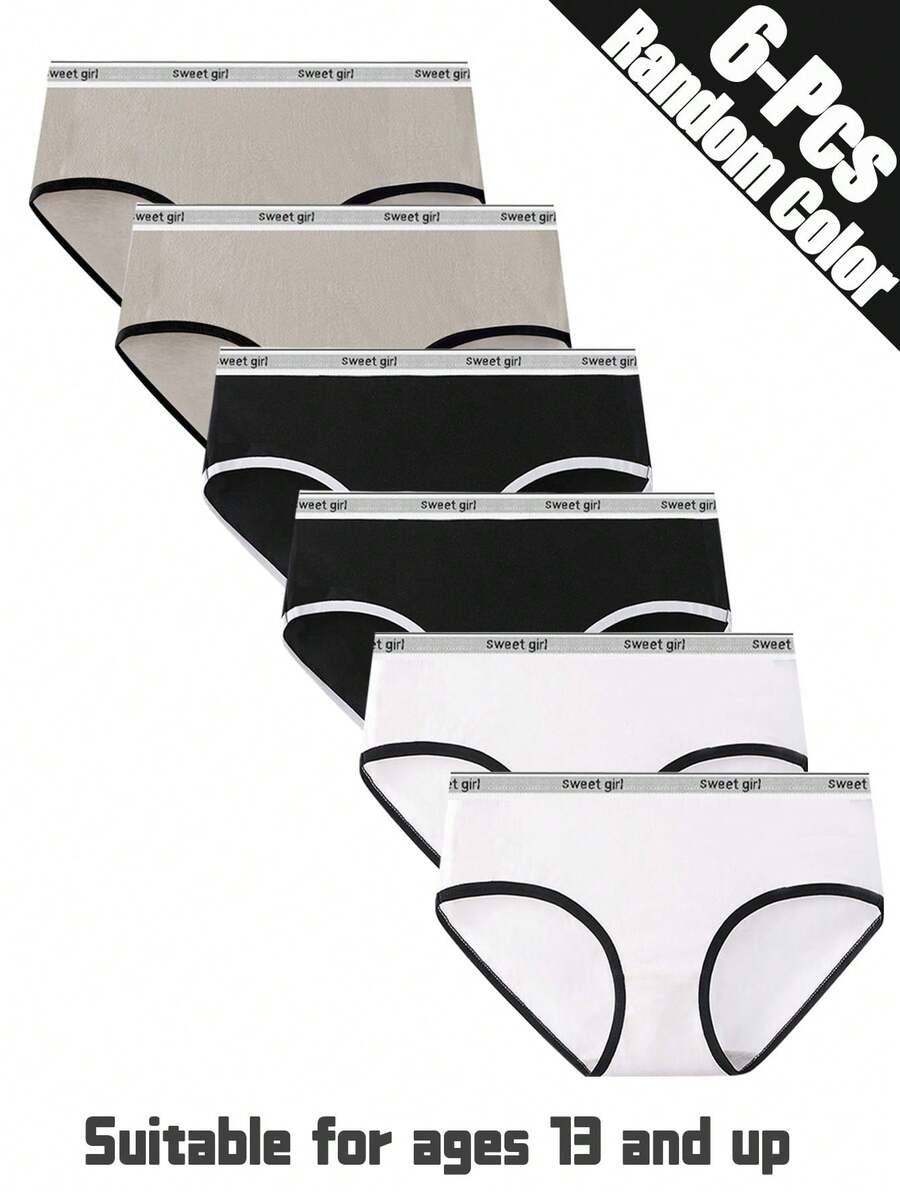 6pcs Teen Girls Solid Color Minimalist Style Breathable Comfortable Daily Wear Triangle Panties, Black/White/Gray - Multicolor - View 1