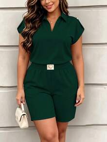 Spring Summer Autumn Women's New Fashion 2-Piece Casual Set, Solid Color Short Sleeve Top With Heart Print Shorts, Spring Break Outfit Elegant - Dark Green 37 - View 3