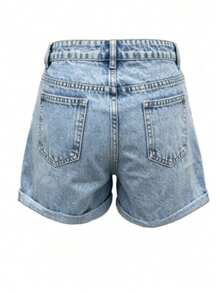 Cross-Border Fashion Minimalist Women's Versatile Classic Mid-Waist Washed Denim Cuffed Shorts Casual Summer, Everyday Wear - Light Wash - View 7