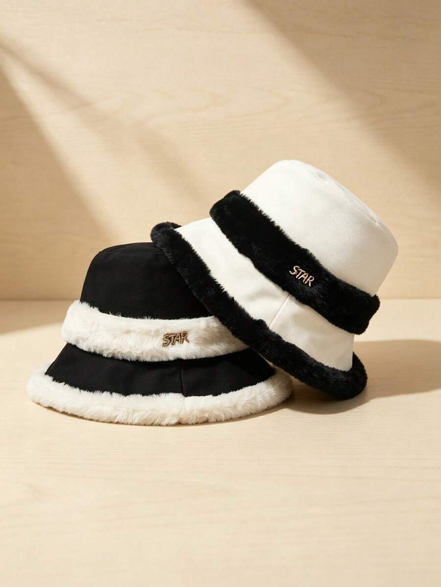 1pc Women's Autumn/Winter Bucket Hat, Colorblock Striped Letter Patchwork Design, Casual Outdoor Daily Wear - Fisherman's Hat - View 1