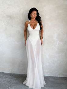 Women's White Summer Dress, Sexy V-Neck Chiffon Halter Neck Dress, Suitable For Valentine's Day, Date Night, Party And Beach Vacation - White - View 2