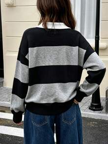 Just Masa Women's Fall Casual Colorblock POLO Collar Sweater Pullover,Long Sleeve Loose Preppy Simple Basic Rib-Knit Top,For Halloween,Christmas,Daily - Black and Gray Stripes - View 2