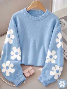 Sweater Rajut Pullover Anak Perempuan Motif Bunga Manis Lengan Panjang Kerah Bulat Kasual Hangat untuk Musim Gugur dan Musim Dingin Fallfashion - Biru - View 1