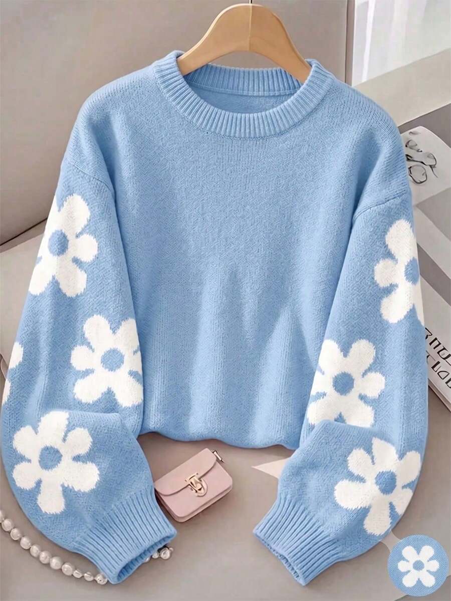 Sweater Rajut Pullover Anak Perempuan Motif Bunga Manis Lengan Panjang Kerah Bulat Kasual Hangat untuk Musim Gugur dan Musim Dingin Fallfashion - Biru - View 1
