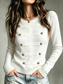 Women's Knitted Pullover Sweater, Autumn/Winter Knit Top With Double-Row Metal Buttons, Elegant Round Neck, Comfortable Minimalist Design With Multiple Vintage Gold Metal Buttons, Sophisticated And Refined, Clean And Versatile, Suitable For Commuting, Daily Wear, And Dating - White - View 6