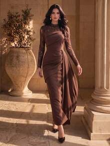 Women's Lace Patchwork Pleated Waist Elegant Evening Gown Wedding Dress - Coffee Brown - View 3