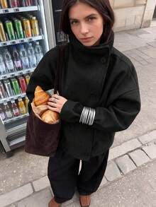 Women's Solid Color Vintage Double-Breasted Funnel Neck Coat, Long Sleeve Regular Fit Jacket, Autumn/Winter Commute Style - Black - View 2