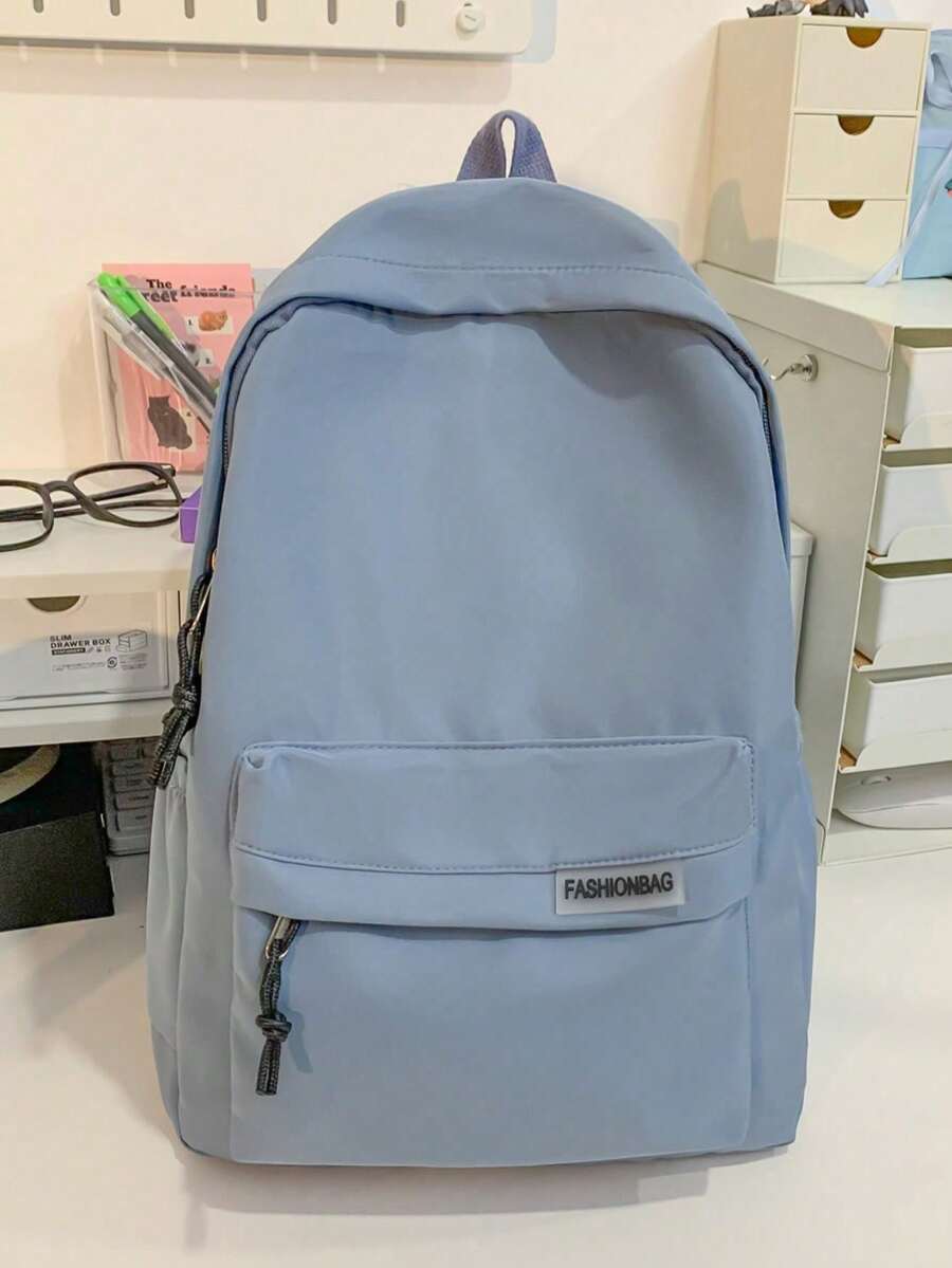 Grey Minimalist Backpack, Solid Casual Nylon School Bag With Fashion Label, Multi-Pocket Lightweight Daypack For Daily Travel - Multicolor - View 1