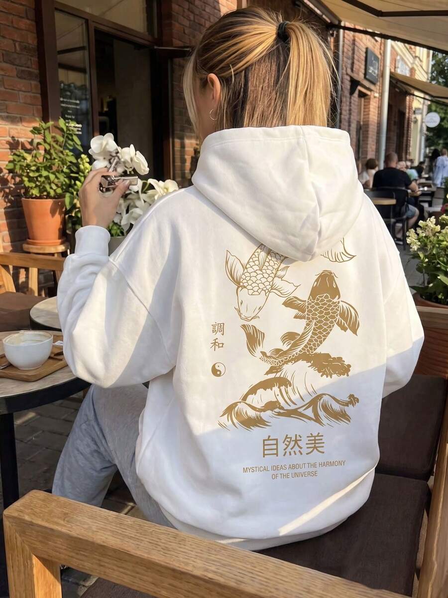 Sweatshirt Pullover Berkerudung Putih Wanita, Motif Ikan Koi Emas Lengan Panjang Bergaris dengan Saku Gaya Streetwear, Musim Gugur/Dingin - Putih - View 1