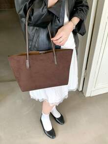 Maillard Autumn/Winter New Large Capacity Tote Bag, Fashionable High-End Shoulder Mother-Daughter Bag, Solid Color Vintage Handbag - Chocolate Brown - View 3