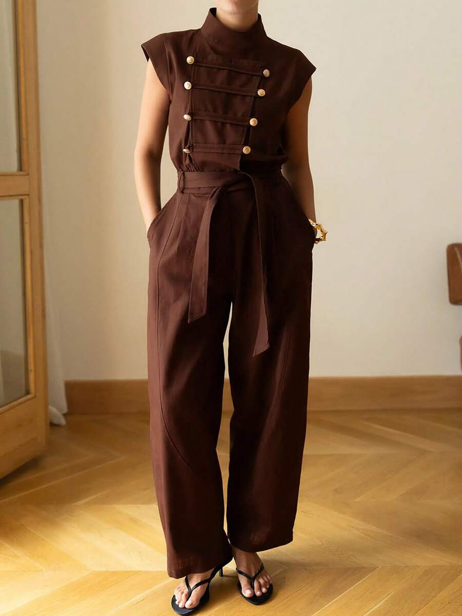 LUNNELUX Women Fall Brown Sleeveless Stand Collar Jumpsuit, Decor Button Belted Wide Leg Cropped Jumpsuit With Pockets, Halloween Daily Outfit - Brown - View 1